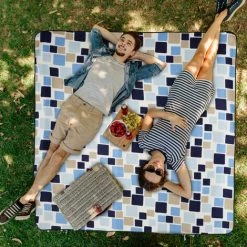 Relaxdays Couverture Pique-nique XXL, 200x200 Cm, Isolé, Imperméable, Plaid De Plage, Pliable Avec Poignée, Bleu-Beige -Plaid et couverture Soldes 11944130 3
