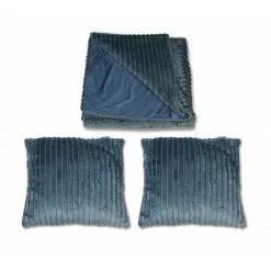 MEUBLETMOI Plaid + Lot De 2 Coussins Bleus Texturés - Boreal - Bleu