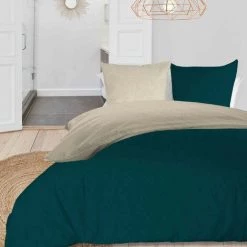 SOLEIL D'OCRE Parure De Lit Coton Lavé Bicolore Bleu Canard/écru 140x200 Cm - Bleu Canard