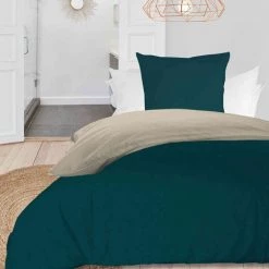 SOLEIL D'OCRE Parure De Lit Coton Lavé Bicolore Bleu Canard/écru 140x200 Cm - Bleu Canard -Plaid et couverture Soldes 23179771 3