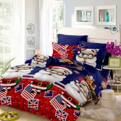 ASUPERMALL 4Pcs Fibre De Polyester 3D Cartoon Imprime Joyeux Noel Cadeau Pere Noel Poche Profonde Literie Linge De Lit Couverture Drap De Lit 2 Taies, Bleu Noel King Size -Plaid et couverture Soldes 23396025 5
