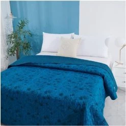 Atmosphera - Dessus De Lit Réversible Imprimé Coloni 240 X 220 Cm - Bleu Canard -Plaid et couverture Soldes 24192703 4