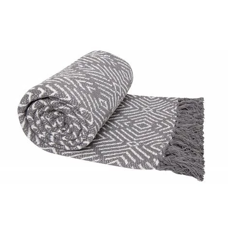 RIDEAUDISCOUNT Plaid, Fouta, Jeté De Lit 100% Coton 120 X 160 Cm Avec Franges Motif Géométrique Gris - Gris 3 RIDEAUDISCOUNT Plaid, Fouta, Jeté De Lit 100% Coton 120 X 160 Cm Avec Franges Motif Géométrique Gris - Gris