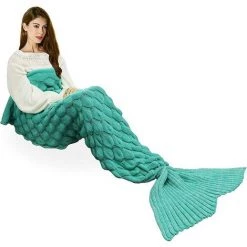 LITZEE Couverture De Queue De Sirène, Toutes Les Saisons Chaude Couverture De Lit Canapé Couette Salon Sac De Couchage Pour Enfants Et Adultes, écailles De Poisson, 190 X 90 Cm - Vert Menthe