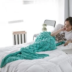 LITZEE Couverture De Queue De Sirène, Toutes Les Saisons Chaude Couverture De Lit Canapé Couette Salon Sac De Couchage Pour Enfants Et Adultes, écailles De Poisson, 190 X 90 Cm - Vert Menthe -Plaid et couverture Soldes 26463426 5