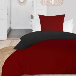 SOLEIL D'OCRE Parure De Lit Coton Lavé Bicolore Rouge/anthracite 140x200 Cm - Rouge -Plaid et couverture Soldes 27244403 3