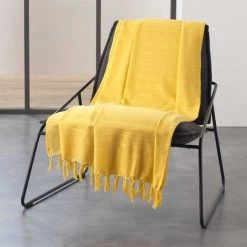 DOUCEUR D'INTÉRIEUR Jete De Canape A Franges 180 X 220 Cm Coton Tisse Lilia Jaune