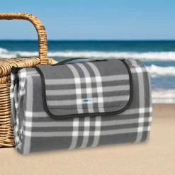 Relaxdays Couverture Pique-nique XXL, 200x200 Cm, Tapis De Plage Polaire, Isolant, Imperméable, Avec Poignée, Gris/blanc -Plaid et couverture Soldes 32804436 4