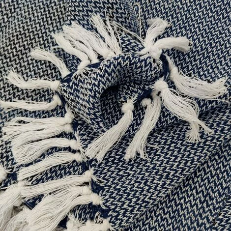 RIDEAUDISCOUNT Fouta, Jeté De Lit, Plaid 100% Coton 120 X 150 Cm Avec Franges Jacquard Micromotif Chevrons Bleu Foncé - Bleu 4 RIDEAUDISCOUNT Fouta, Jeté De Lit, Plaid 100% Coton 120 X 150 Cm Avec Franges Jacquard Micromotif Chevrons Bleu Foncé - Bleu – Image 2