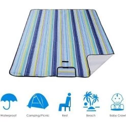 ILOVEMILAN Couverture De Pique-nique Imperméable, Coussin Portable Avec Poignée, Adaptée Aux Voyages D'été En Camping Sur La Plage, Rayures Bleues, 150*150 Cm -Plaid et couverture Soldes 35847377 4