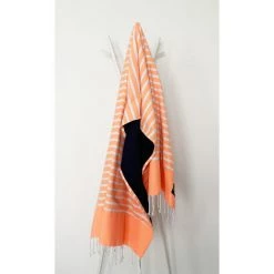 LA MAISON D'AMELIE Fouta Kikoy 95 X 175 Cm COVE BEACH Coton 100% Recyclé - Finition Franges - ORANGE/BLANC