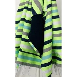 LA MAISON D'AMELIE Fouta Kikoy 95 X 175 Cm STATE BEACH - Coton 100% Recyclé - Finition Franges - BLEU/VERT FLUO/BLANC -Plaid et couverture Soldes 35871552 2