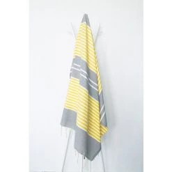 OCEAN VIBES Fouta 100 Cm X 200 Cm Rio - 100% Coton - Finition Franges - GRIS/JAUNE