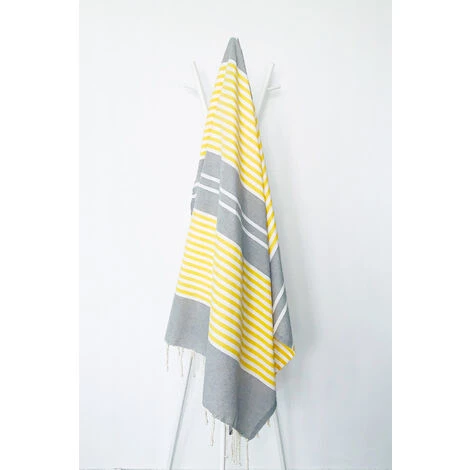 OCEAN VIBES Fouta 100 Cm X 200 Cm Rio - 100% Coton - Finition Franges - GRIS/JAUNE 3 OCEAN VIBES Fouta 100 Cm X 200 Cm Rio - 100% Coton - Finition Franges - GRIS/JAUNE