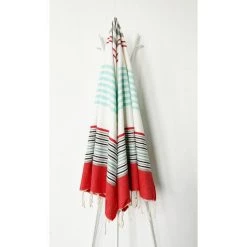 OCEAN VIBES Fouta 100 Cm X 200 Cm Five - 100% Coton - Finition Franges - ROUGE/GRIS