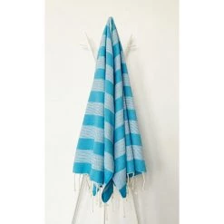 LA MAISON D'AMELIE Fouta 100 Cm X 200 Cm Twopik - 100% Coton - Finition Franges - BLEU TURQUOISE/BLANC