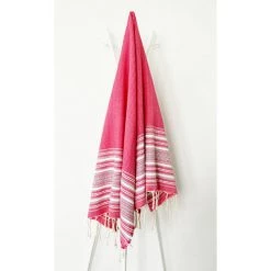 LA MAISON D'AMELIE Fouta 100 Cm X 200 Cm Ethnique Rayures Type Broderie - 100% Coton - Finition Franges - ROSE FUCHSIA