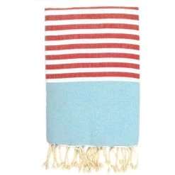 LA MAISON D'AMELIE Fouta 100 Cm X 200 Cm Rio - 100% Coton - Finition Franges - BLEU TURQUOISE/ROUGE