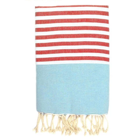 LA MAISON D'AMELIE Fouta 100 Cm X 200 Cm Rio - 100% Coton - Finition Franges - BLEU TURQUOISE/ROUGE 3 LA MAISON D'AMELIE Fouta 100 Cm X 200 Cm Rio - 100% Coton - Finition Franges - BLEU TURQUOISE/ROUGE
