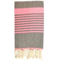 LA MAISON D'AMELIE Fouta 100 Cm X 200 Cm Arthur - 100% Coton - Finition Franges - GRIS FONCE/ROSE FLUO