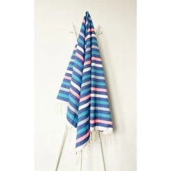 OCEAN VIBES Fouta 100 Cm X 200 Cm Multy - 100% Coton - Finition Franges - BLEU INDIGO/ROSE FLUO