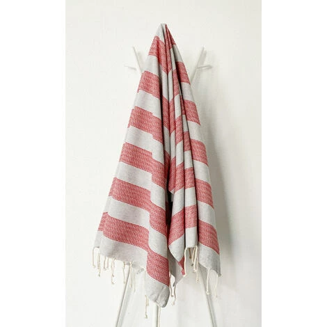 OCEAN VIBES Fouta 100 Cm X 200 Cm Twopik Rayures Type Broderie - 100% Coton - Finition Franges - GRIS ARGENT/ROUGE 3 OCEAN VIBES Fouta 100 Cm X 200 Cm Twopik Rayures Type Broderie - 100% Coton - Finition Franges - GRIS ARGENT/ROUGE