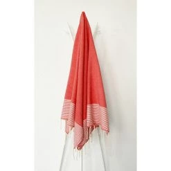 LA MAISON D'AMELIE Fouta 100 Cm X 200 Cm Lilane Avec Fil Argent Lurex - 100% Coton - Finition Franges - ROUGE CORAIL/GRIS ARGENT