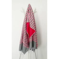 OCEAN VIBES Fouta Kikoy 95 X 175 Cm COVE BEACH Coton 100% Recyclé Finition Franges - GRIS/ROSE FLUO