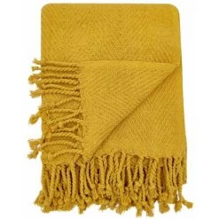 RIDEAUDISCOUNT Fouta, Jeté De Lit, Plaid 100% Coton 120 X 150 Cm Avec Franges Jacquard Motif Chevrons Ton Sur Ton Jaune - Jaune -Plaid et couverture Soldes 36220445 4