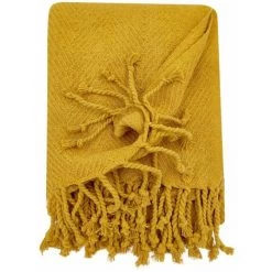 RIDEAUDISCOUNT Fouta, Jeté De Lit, Plaid 100% Coton 120 X 150 Cm Avec Franges Jacquard Motif Chevrons Ton Sur Ton Jaune - Jaune -Plaid et couverture Soldes 36220445 5