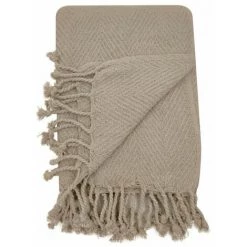 RIDEAUDISCOUNT Fouta, Jeté De Lit, Plaid 100% Coton 120 X 150 Cm Avec Franges Jacquard Motif Chevrons Ton Sur Ton Taupe - Brun -Plaid et couverture Soldes 36220446 4