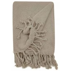 RIDEAUDISCOUNT Fouta, Jeté De Lit, Plaid 100% Coton 120 X 150 Cm Avec Franges Jacquard Motif Chevrons Ton Sur Ton Taupe - Brun -Plaid et couverture Soldes 36220446 5