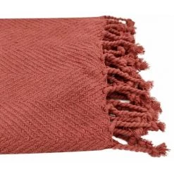RIDEAUDISCOUNT Fouta, Jeté De Lit, Plaid 100% Coton 120 X 150 Cm Avec Franges Jacquard Motif Chevrons Ton Sur Ton Terracotta - Rouge -Plaid et couverture Soldes 36220447 3