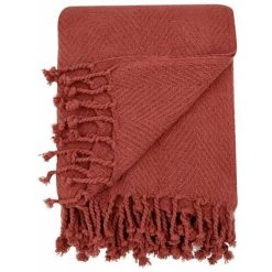RIDEAUDISCOUNT Fouta, Jeté De Lit, Plaid 100% Coton 120 X 150 Cm Avec Franges Jacquard Motif Chevrons Ton Sur Ton Terracotta - Rouge -Plaid et couverture Soldes 36220447 4