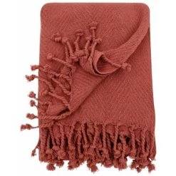 RIDEAUDISCOUNT Fouta, Jeté De Lit, Plaid 100% Coton 120 X 150 Cm Avec Franges Jacquard Motif Chevrons Ton Sur Ton Terracotta - Rouge -Plaid et couverture Soldes 36220447 5