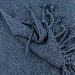 RIDEAUDISCOUNT Fouta, Jeté De Lit, Plaid 100% Coton 120 X 150 Cm Avec Franges Jacquard Motif Chevrons Ton Sur Ton Bleu Foncé - Bleu -Plaid et couverture Soldes 36220454 2