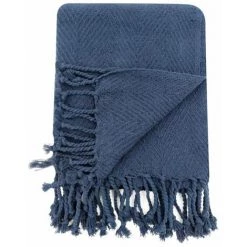 RIDEAUDISCOUNT Fouta, Jeté De Lit, Plaid 100% Coton 120 X 150 Cm Avec Franges Jacquard Motif Chevrons Ton Sur Ton Bleu Foncé - Bleu -Plaid et couverture Soldes 36220454 4