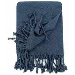 RIDEAUDISCOUNT Fouta, Jeté De Lit, Plaid 100% Coton 120 X 150 Cm Avec Franges Jacquard Motif Chevrons Ton Sur Ton Bleu Foncé - Bleu -Plaid et couverture Soldes 36220454 5
