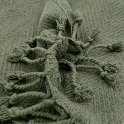 RIDEAUDISCOUNT Fouta, Jeté De Lit, Plaid 100% Coton 120 X 150 Cm Avec Franges Jacquard Motif Chevrons Ton Sur Ton Vert Kaki - Vert -Plaid et couverture Soldes 36220455 2