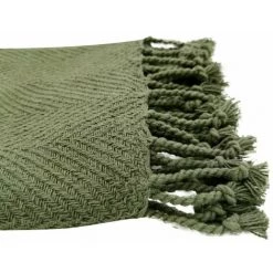 RIDEAUDISCOUNT Fouta, Jeté De Lit, Plaid 100% Coton 120 X 150 Cm Avec Franges Jacquard Motif Chevrons Ton Sur Ton Vert Kaki - Vert -Plaid et couverture Soldes 36220455 3