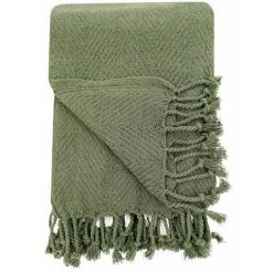 RIDEAUDISCOUNT Fouta, Jeté De Lit, Plaid 100% Coton 120 X 150 Cm Avec Franges Jacquard Motif Chevrons Ton Sur Ton Vert Kaki - Vert -Plaid et couverture Soldes 36220455 4