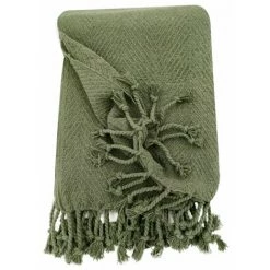 RIDEAUDISCOUNT Fouta, Jeté De Lit, Plaid 100% Coton 120 X 150 Cm Avec Franges Jacquard Motif Chevrons Ton Sur Ton Vert Kaki - Vert -Plaid et couverture Soldes 36220455 5