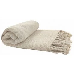RIDEAUDISCOUNT Fouta, Jeté De Lit, Plaid 100% Coton 120 X 150 Cm Avec Franges Jacquard Motif Chevrons Ton Sur Ton Blanc Crème - Blanc