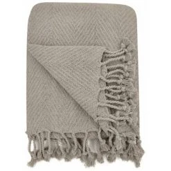 RIDEAUDISCOUNT Fouta, Jeté De Lit, Plaid 100% Coton 120 X 150 Cm Avec Franges Jacquard Motif Chevrons Ton Sur Ton Gris Clair - Gris -Plaid et couverture Soldes 36293684 4