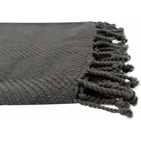 RIDEAUDISCOUNT Fouta, Jeté De Lit, Plaid 100% Coton 120 X 150 Cm Avec Franges Jacquard Motif Chevrons Ton Sur Ton Gris Charbon - Gris 5 RIDEAUDISCOUNT Fouta, Jeté De Lit, Plaid 100% Coton 120 X 150 Cm Avec Franges Jacquard Motif Chevrons Ton Sur Ton Gris Charbon - Gris – Image 3