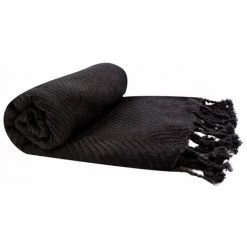 RIDEAUDISCOUNT Fouta, Jeté De Lit, Plaid 100% Coton 120 X 150 Cm Avec Franges Jacquard Motif Chevrons Ton Sur Ton Noir - Noir