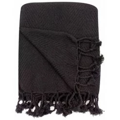 RIDEAUDISCOUNT Fouta, Jeté De Lit, Plaid 100% Coton 120 X 150 Cm Avec Franges Jacquard Motif Chevrons Ton Sur Ton Noir - Noir -Plaid et couverture Soldes 36293687 4