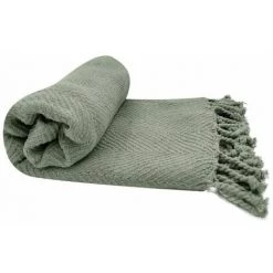 RIDEAUDISCOUNT Fouta, Jeté De Lit, Plaid 100% Coton 120 X 150 Cm Avec Franges Jacquard Motif Chevrons Ton Sur Ton Vert D'Eau - Vert