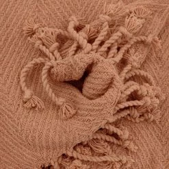 RIDEAUDISCOUNT Fouta, Jeté De Lit, Plaid 100% Coton 120 X 150 Cm Avec Franges Jacquard Motif Chevrons Ton Sur Ton Rose - Rose -Plaid et couverture Soldes 36294311 2