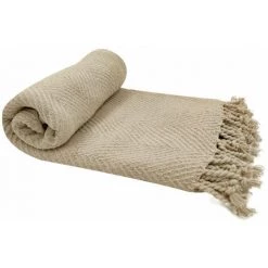 RIDEAUDISCOUNT Fouta, Jeté De Lit, Plaid 100% Coton 120 X 150 Cm Avec Franges Jacquard Motif Chevrons Ton Sur Ton Ecru - Ecru
